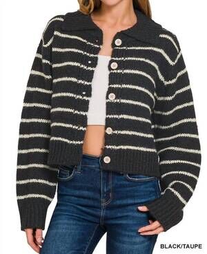 NEW ZENANA striped button down collar sweater in black/taupe